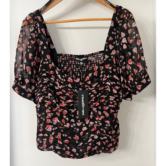 Karl Lagerfeld Smocked Crop Top Flower Print in Black Combo - Picture 9 of 13